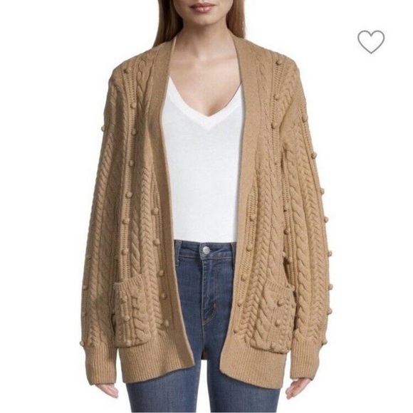 White & Warren Cardigan Bobble Stitch Size M Merino Wool Tan Cable Knit Camel - Picture 3 of 12